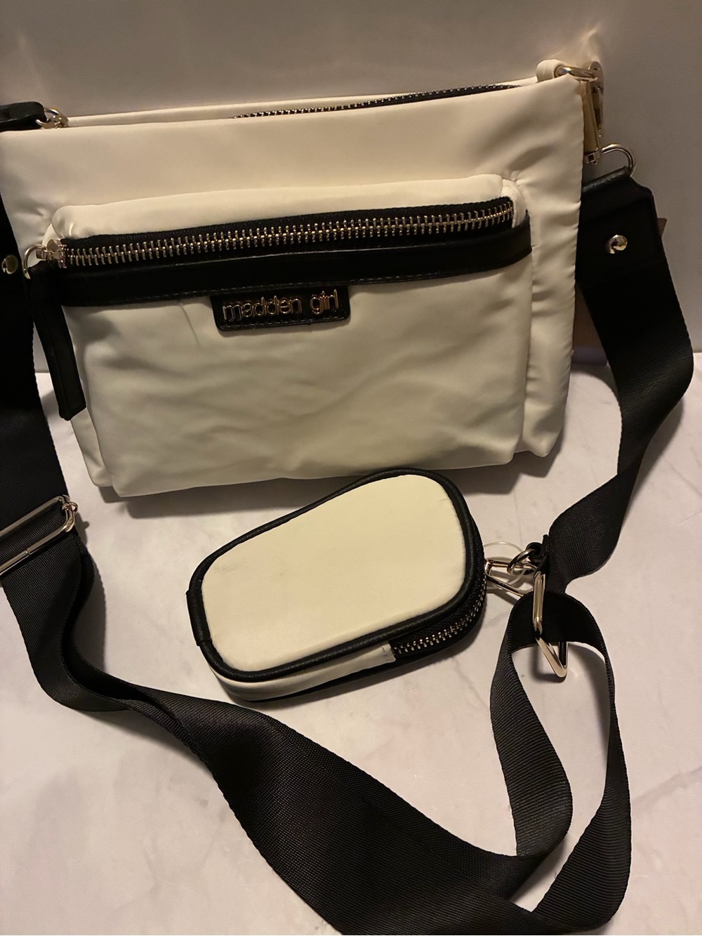 Madden Girl White Crossbody Bag with Black Trim and Strap